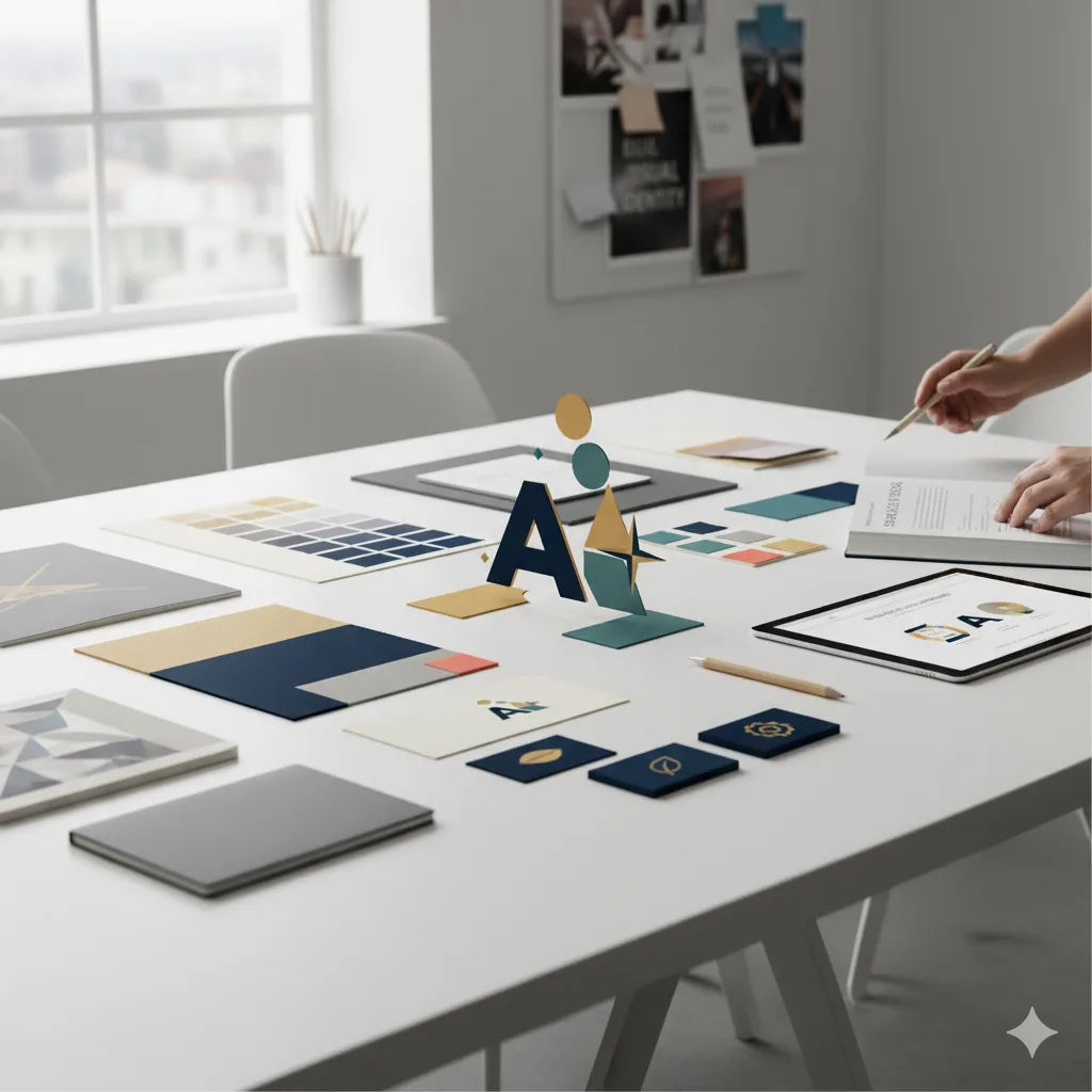 طاولة عمل تصميم هوية بصرية تضم لوحات ألوان وبطاقات أعمال وشعار حرف A