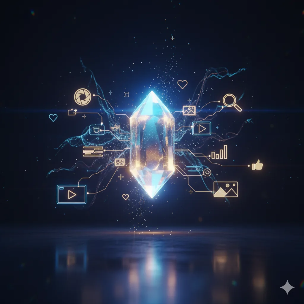 بلورة مضيئة محاطة بأيقونات صور وفيديو وتفاعل ترمز لعناصر المحتوى الرقمي